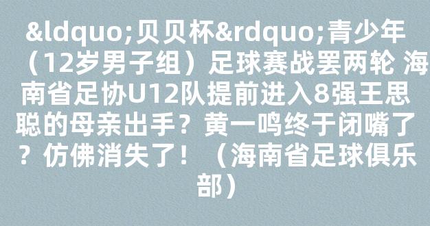 “贝贝杯”青少年（12岁男子组）足球赛战罢两轮 海南省足协U12队提前进入8强王思聪的母亲出手？黄一鸣终于闭嘴了？仿佛消失了！（海南省足球俱乐部）