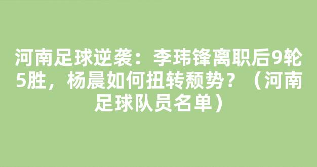 河南足球逆袭：李玮锋离职后9轮5胜，杨晨如何扭转颓势？（河南足球队员名单）